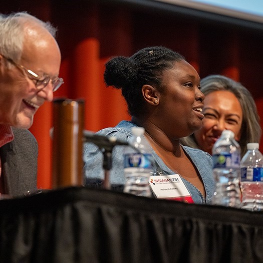 Public deliberation. Professionals at a table on stage.