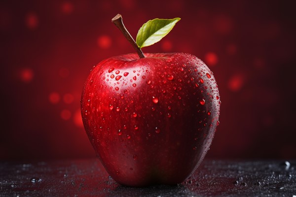 Image of a red apple with water droplets and a stem with one green leaf, sitting on a dark surface against a red background