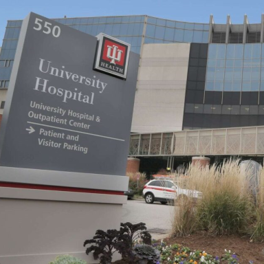 The main entrance to University Hospital in Indianapolis, where the Clinical Research Center is located.