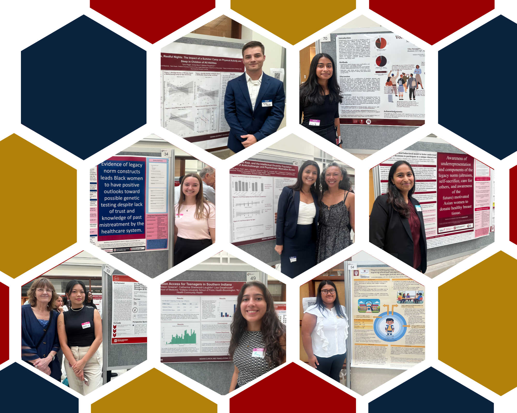 A collage of hexagons of multiple colors features photos of the 2025 cohort of the IMPRS summer program standing next to their posters.