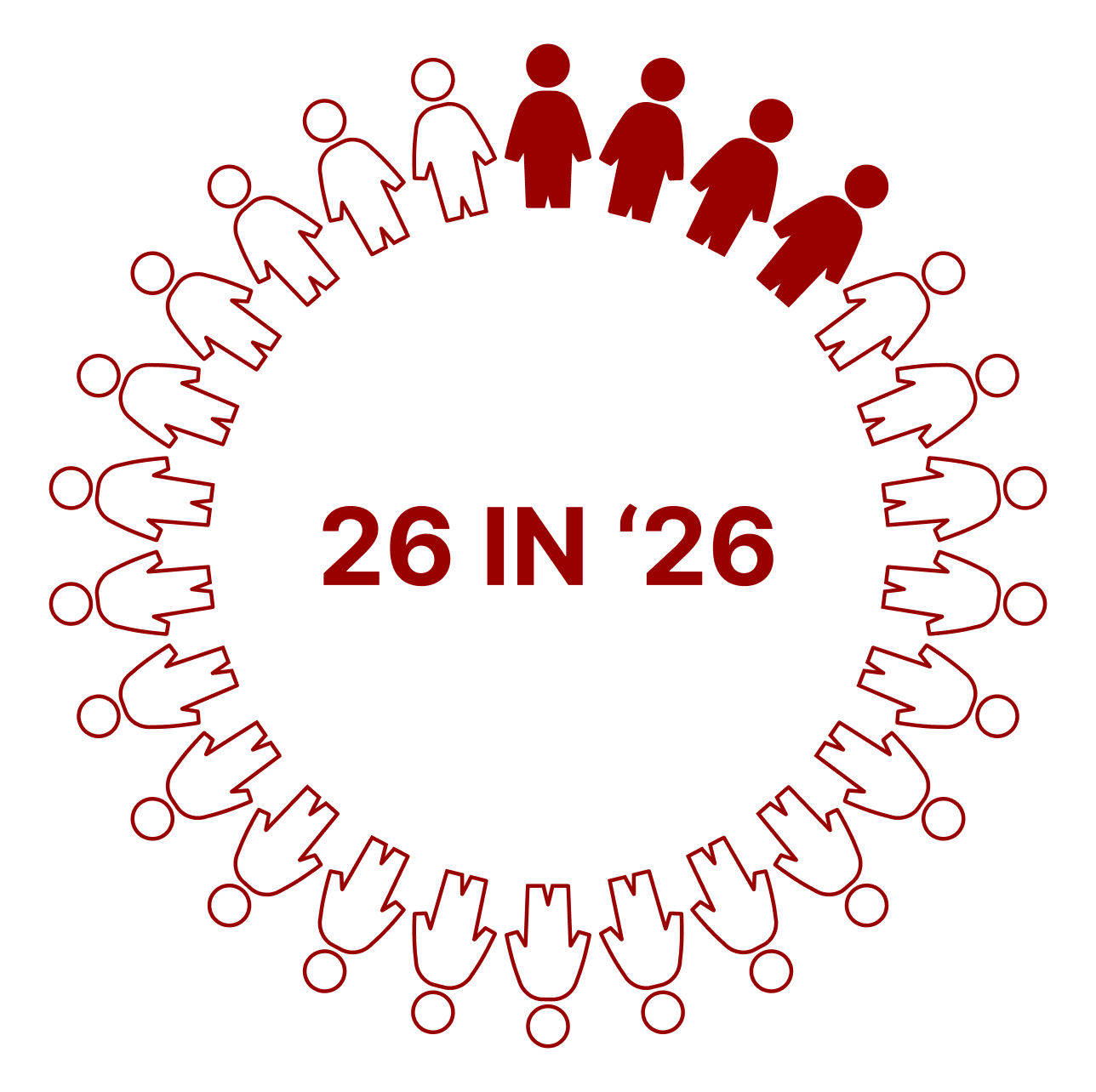 A circular ring of 26 outlined figures surrounds the text ‘26 IN ’26.’ Six of the figures at the top are filled in solid red. Below the text is the SEED/STEM Program logo with the Indiana CTSI logo.
