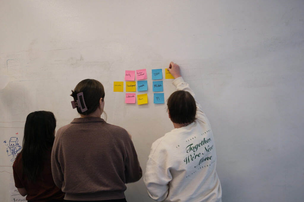 The team collaborating on a whiteboard.