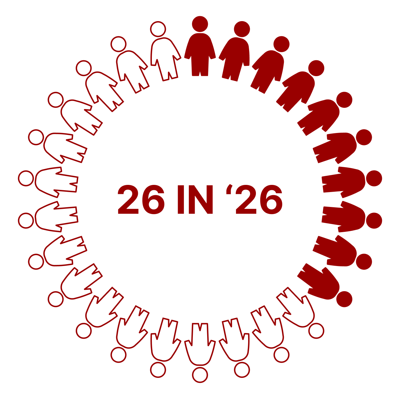 Circular graphic of 26 stylized human figures arranged in a ring, with approximately 10 filled in solid red and the remaining figures outlined. Center text reads “26 in ’26,” suggesting a goal of reaching 26 individuals by 2026.
