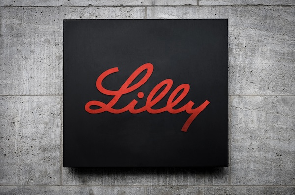 Lilly logo on on a sign. Red text on black square.