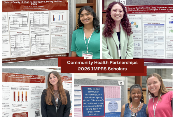 2026 participants from the IMPRS Summer Program smile as they pose next to their posters. In the center of the composite image are the words Community Health Partnerships 2026 IMPRS Scholars.