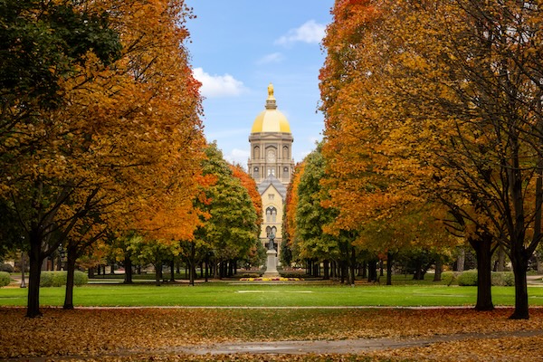 The University of Notre Dame campus in the fall. Golden dome and fall foliage.