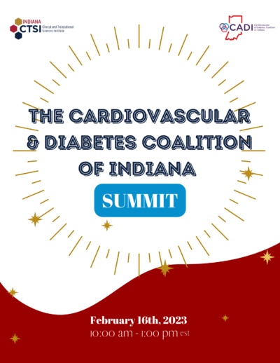 Poster has a gold ring and gold stars against a white and red background and reads "The Cardiovascular and Diabetes Coalition of Indiana Summit"