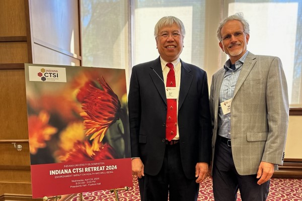 Image of Joel Ybe, PhD, and William Hetrick PhD, together at the 2024 IU Bloomington Campus Retreat on April 24, 2024.