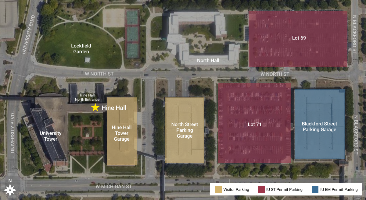 A campus map showing the location of Hine Hall and surrounding areas. Hine Hall is market with a yellow star indicating its North Entrance. Visitor parking is available in Tower Garage and the North Street Parking Garage, both shaded in light yellow. IU ST Permit Parking areas, shaded in red, include Lot 69 and Lot 71. The Blackford Street Parking Garage is shaded in blue and designated for IU EM Permit Parking. Nearby landmarks include University Tower to the west of Hine Hall, Lockfield Garden to the north, and North Hall directly to the north. The map shows W. North Street running horizontally through the center and N. Blackford Street vertically to the right.