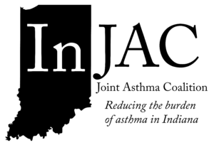 Image shows the state outline of Indiana in black with the words InJAC Joint Asthma Coalition Reducing the burden of asthma in Indiana