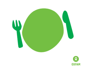 Images shows a cartoon drawing of a green fork, plate and knife, and the word OXFAM in the corner