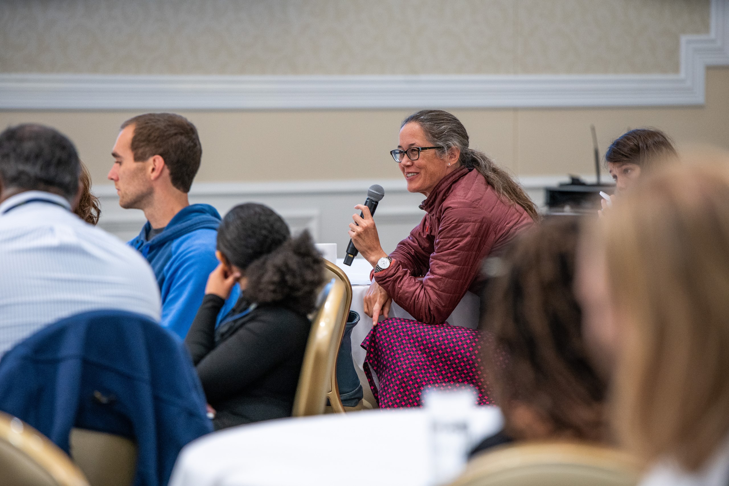 Sarah Wiehe asks a question at the 2024 Notre Dame campus retreat.