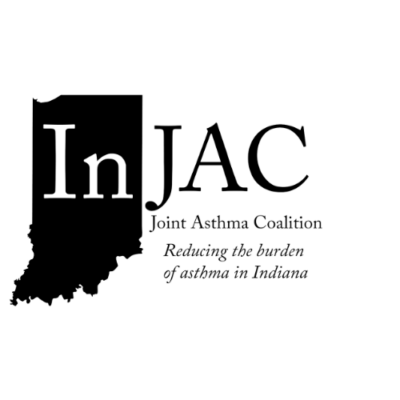 Image shows a black outline of the shape of Indiana with the text Indiana Joint Asthma Coalition: Reducing the Burden of asthma in Indiana