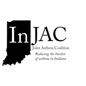 Image shows the InJAC logo: a black outline of the state of Indiana with the text Indiana Joint Asthma Coalition