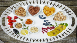 photo of nuts, fruits and grains on a platter