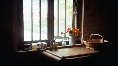 photo from inside a house looking out a window with a table and flowers