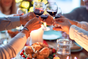 festive gathering with a wine toast