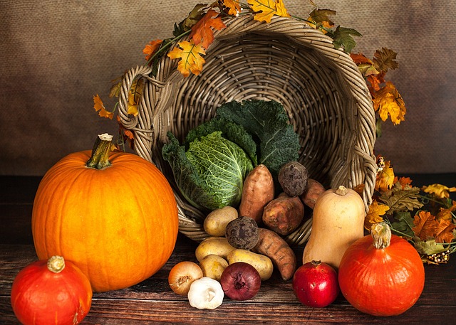 Image shows a cornucopia with various squashes and pumpkins